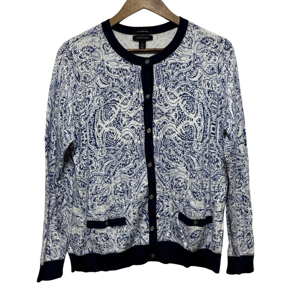 Lands End Cardigan Womens L 14 Blue Supima Cotton Paisley Button Front Preppy